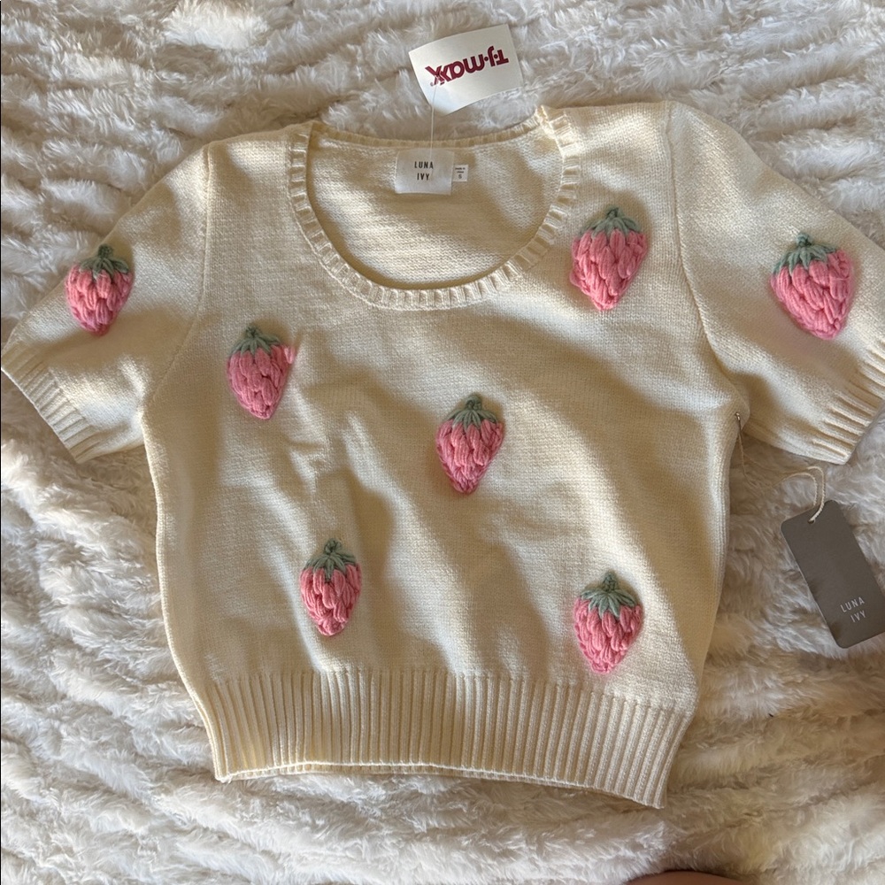 Luna Ivy Cream Strawberry Embroidered Short Sleeve Sweater